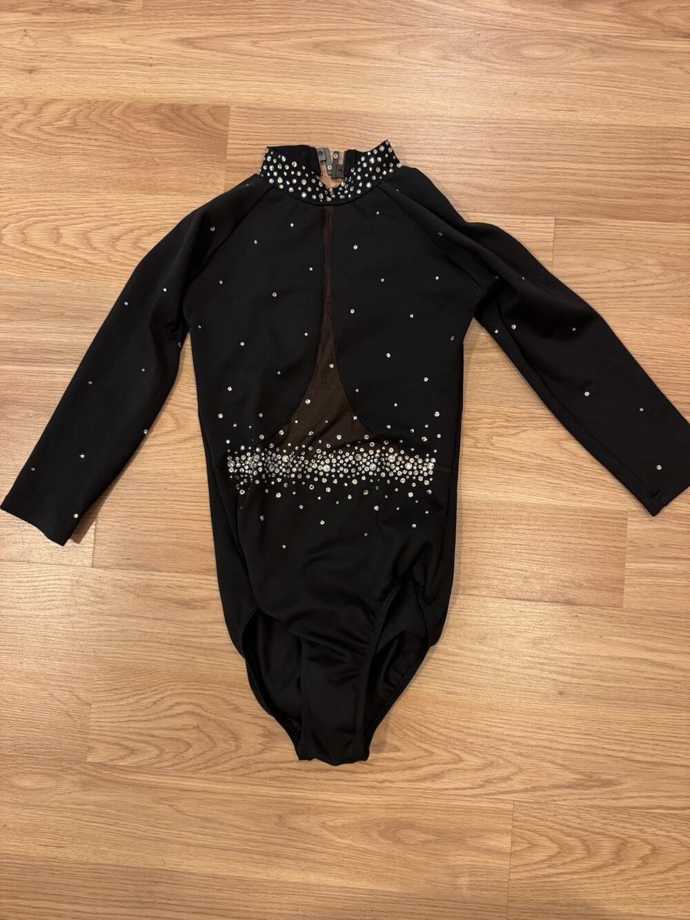 Sylvia P Teamwear Gymnastics Leotard Child 10 Black Rhinestone 3/4 Sleeve